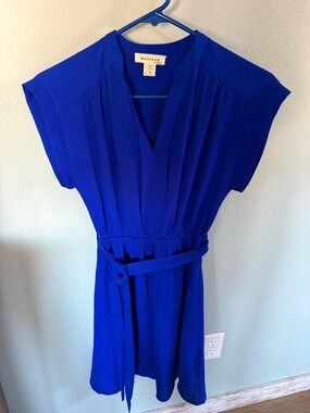 Monteau Cobalt Blue Pleated V-Neck Waist-Tie Mini Dress